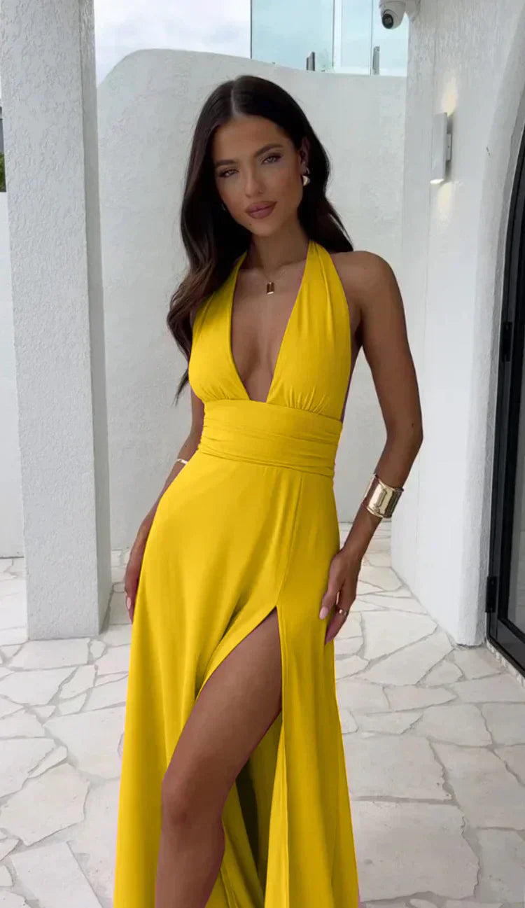 Luana Timeless Deep V Neck Split Solid Color Dress Boutique Collection