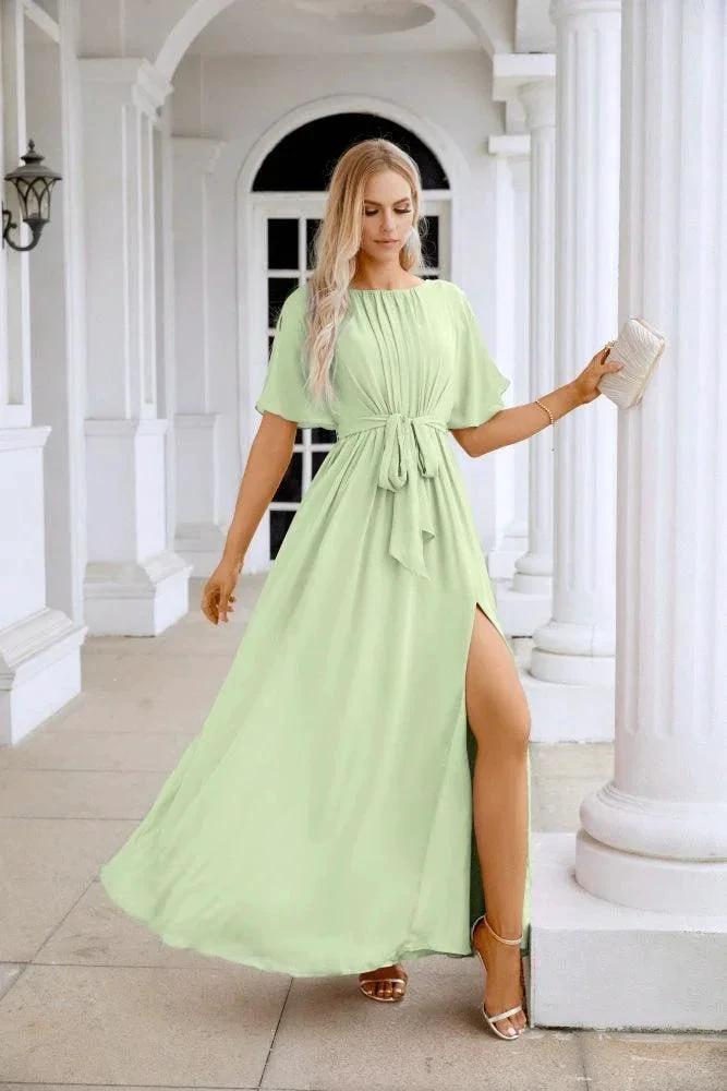 Ladies Chiffon Sleeve Crew Neck Front Slit Floor Length Bridesmaid Evening Dress Wedding Party Evening Dress 28124 by numbersea