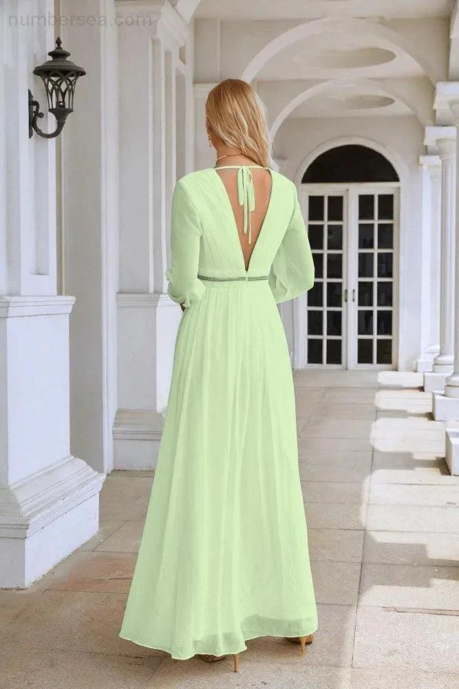 Ladies V Neck Chiffon Long Sleeve Front Slit Bridesmaid Evening Dress Wedding Party Shopping Evening Dress 28109 (ZD16991)