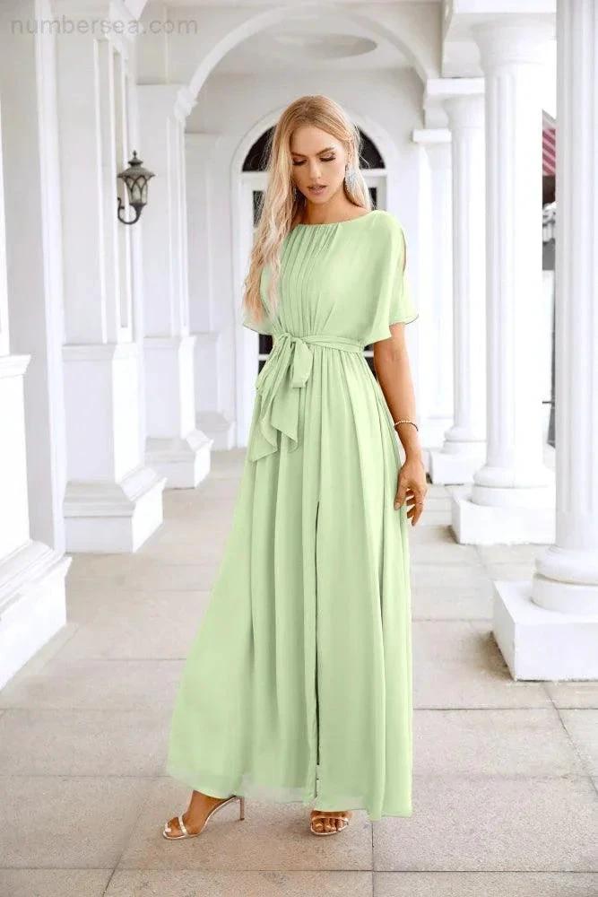 Ladies Chiffon Sleeve Crew Neck Front Slit Floor Length Bridesmaid Evening Dress Wedding Party Evening Dress 28124 (ZD17007)