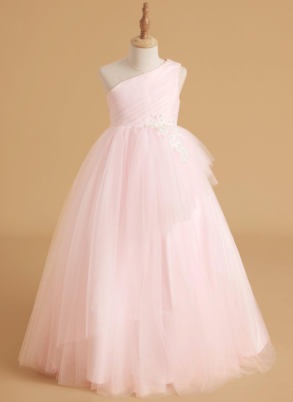 Enchanted Blush A-Line Princess Flower Girl Dress | One-Shoulder Tulle Gown with Train - VelvetHem