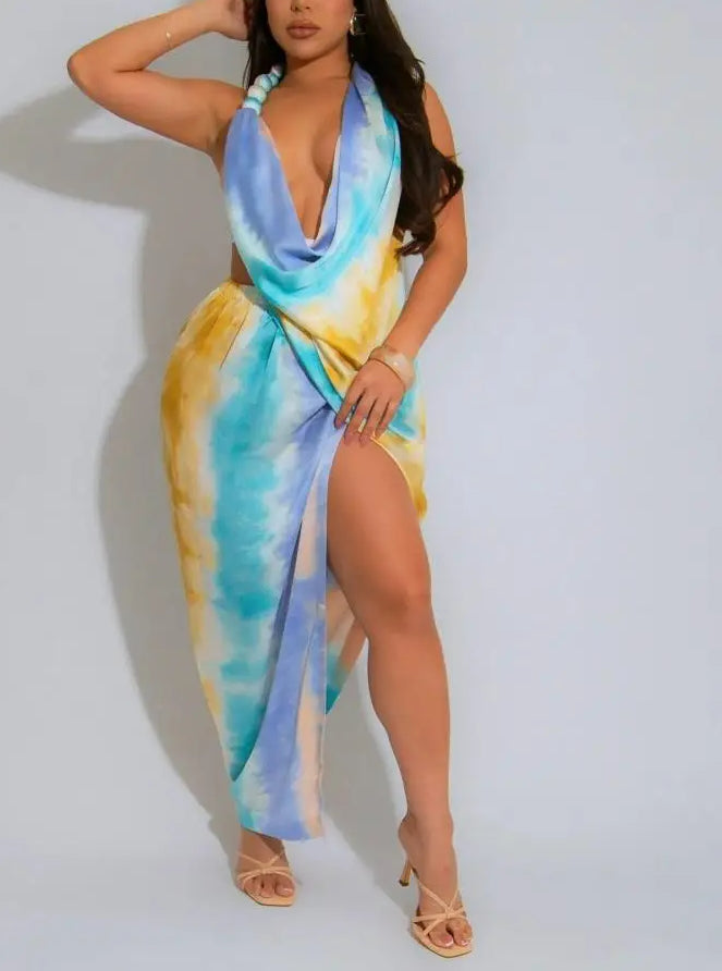 Tie Dye Halter Deep V-Neck Backless Midi Dress - View 2 | VelvetHem