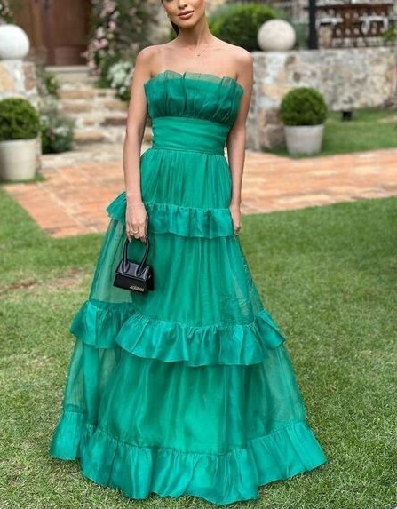 Green Strapless Tulle Layered Long Prom Dress A-Line Evening Party Dress - FashionDia