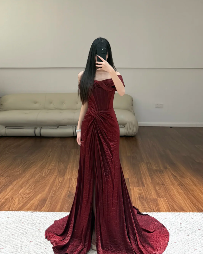 Off The Shoulder Prom Party Dress Burgundy Evening Dress Graduation Dress