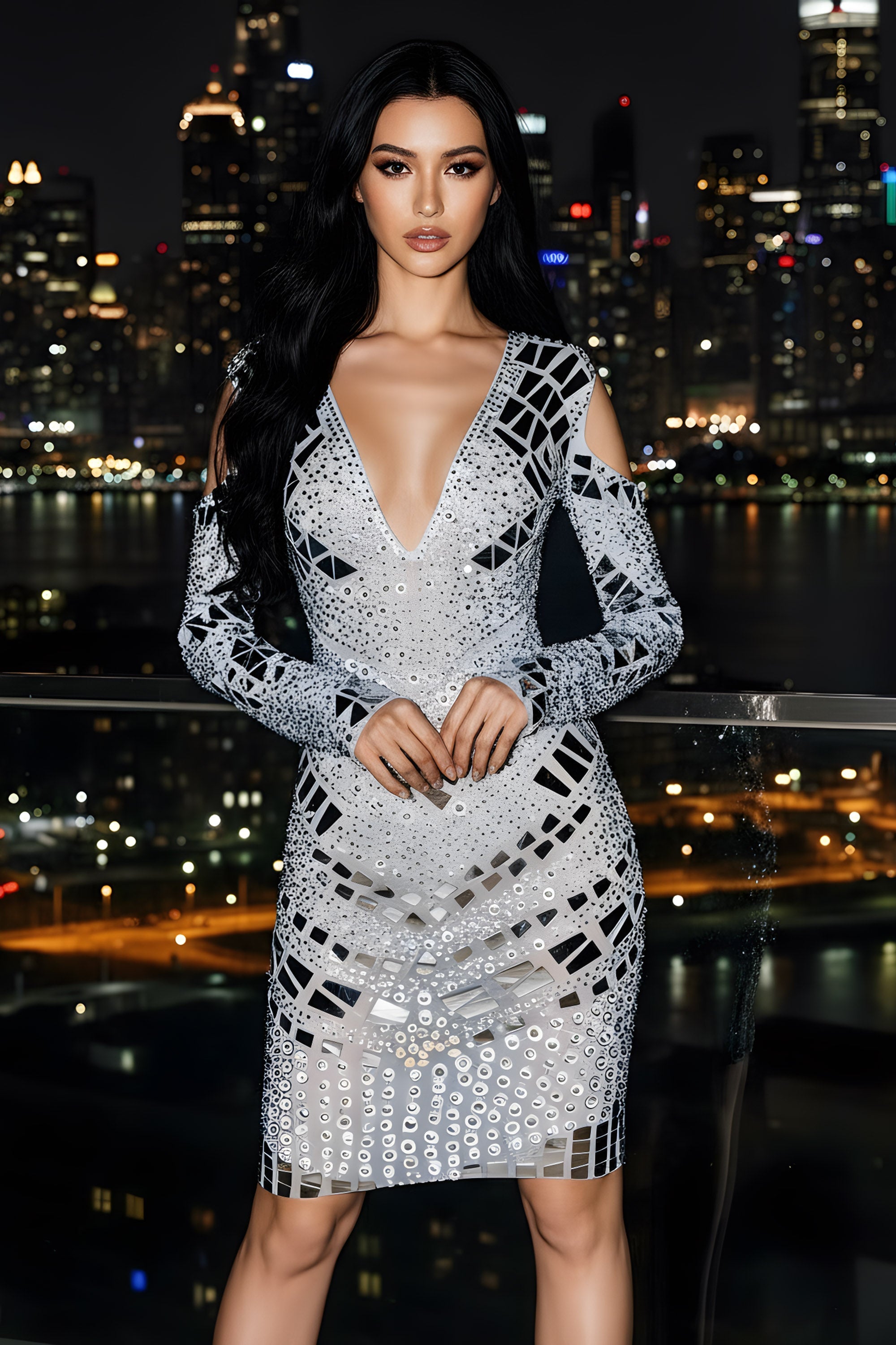 Mirror Embellished V-Neck Cold Shoulder Bodycon Mini Dress