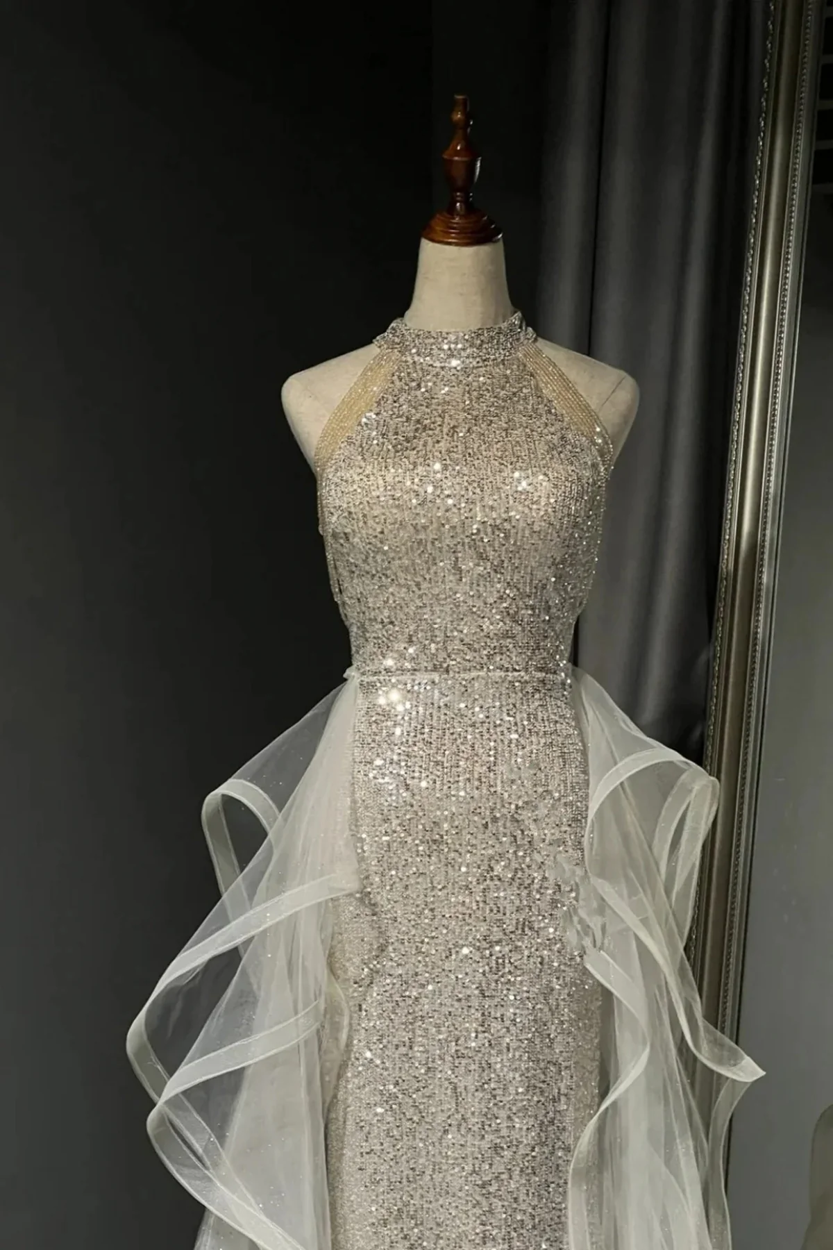 Chic White Tulle and Sequins Long Prom Dress, Halter A-line Party Dress Evening Dress - View 3 | FashionDia
