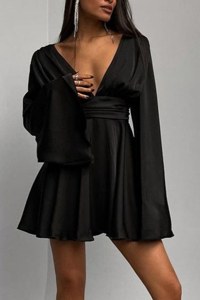 Satin Deep V Backless Flare-Sleeve Silk Dress - View 3 | VelvetHem