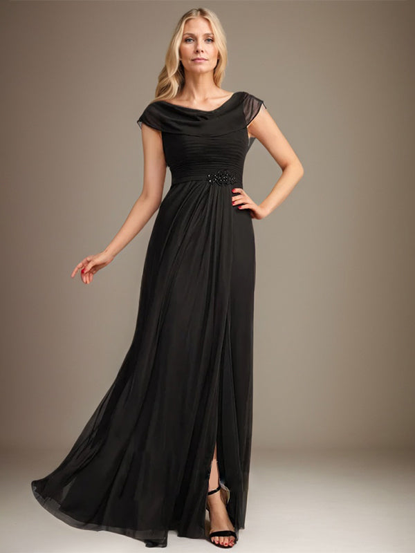 A-line Scoop Floor-Length Chiffon Mother of the Bride Dress With Pleated Beading - View 2 | FashionDia