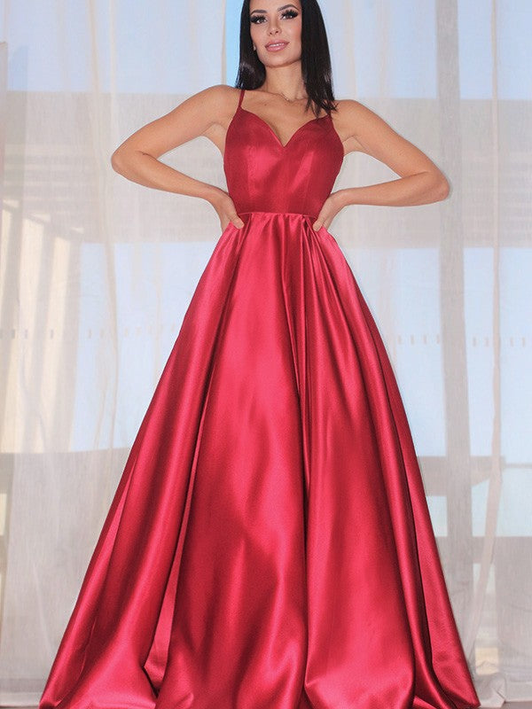Long A-line Spaghetti Straps Satin Backless Prom Dresses with Pockets - View 4 | VelvetHem