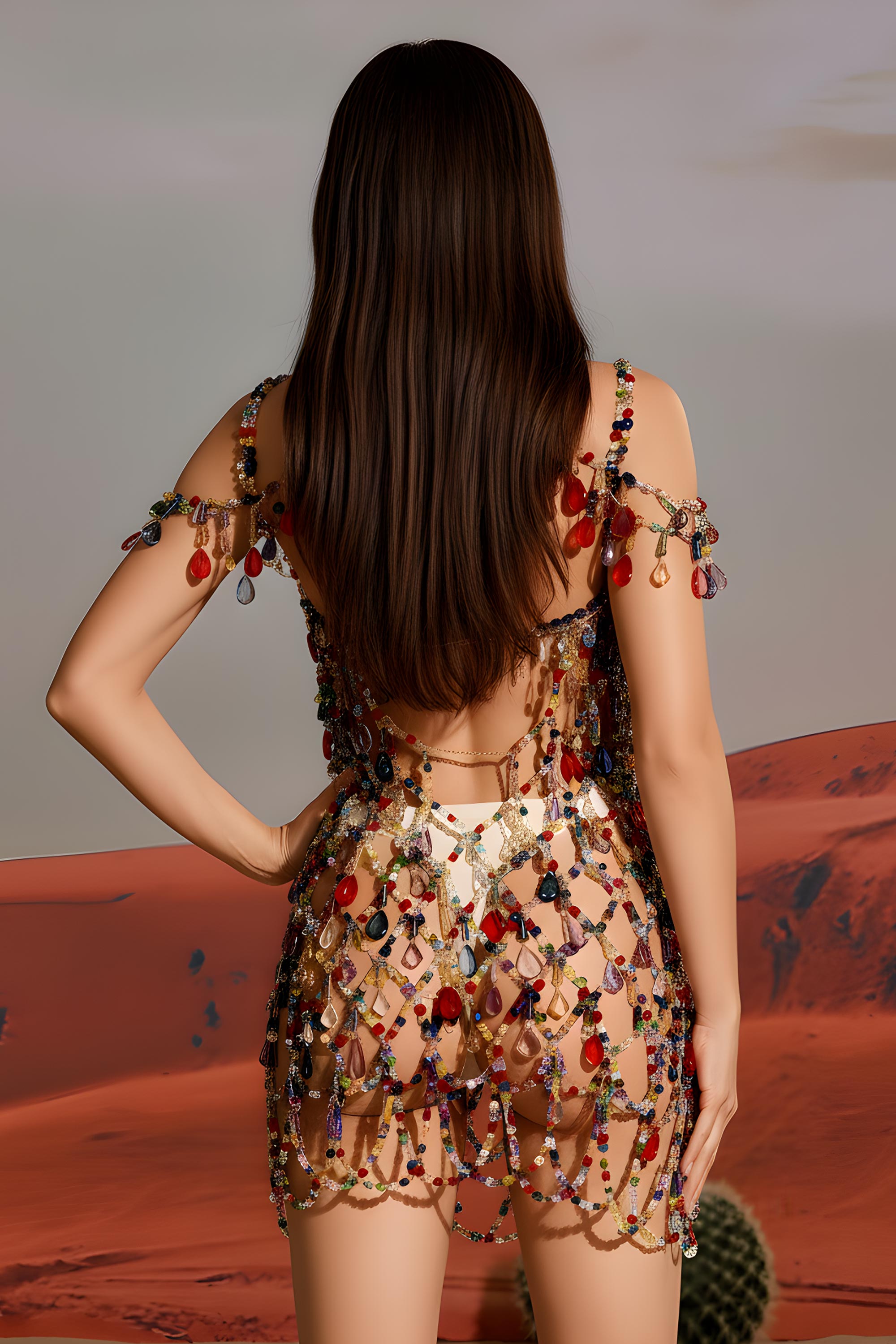 Luxury Beaded Statement Chain Mail Mini Dress with Drapes