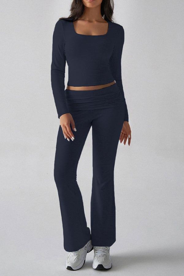 Solid Color Casual Knitted Long-sleeved Top Yoga Wear Two-piece Pants Set