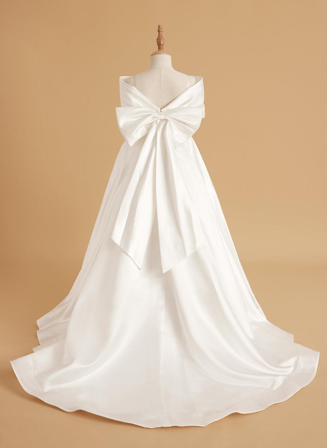 Elegant Ivory Satin Princess Ball Gown with Sweep Train and Bow for Flower Girls - View 7 | VelvetHem