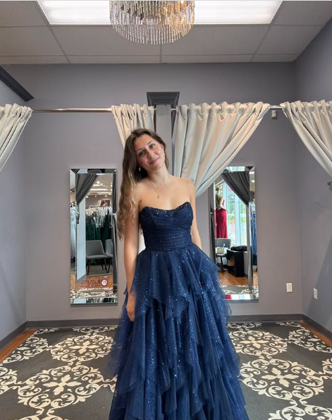 Sparkly Tulle Sequins Evening Dress Navy Blue A Line Prom Dress Y8146 - VelvetHem