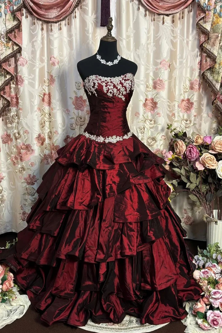 Burgundy A Line Long Prom Dress Layered Birthday Dress Formal Party Gown J8396
