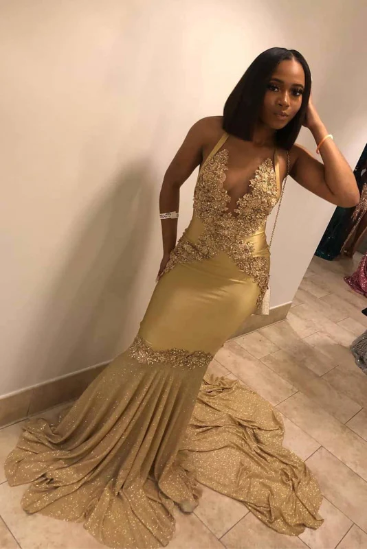 Super Shiny Halter Sleeveless Mermaid Long Evening Dress with Sweep Train Y472 - View 2 | VelvetHem