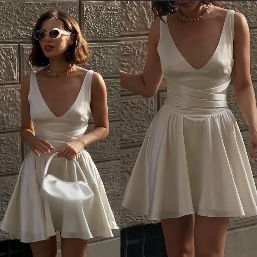White V-neck Homecoming Dresses Elegant Short Cocktail Party Dress J8768