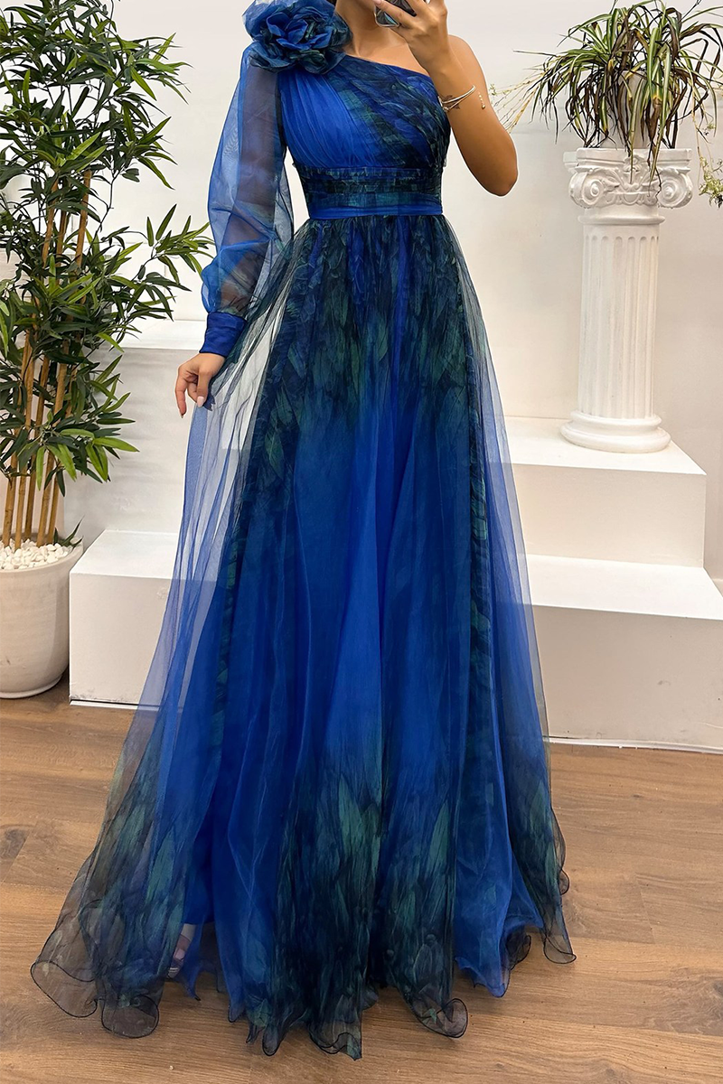 Sexy Prom Floral Print Slit Mesh Flower Shape Sloping Shoulder Evening Dresses(6 Colors) - View 11 | VelvetHem