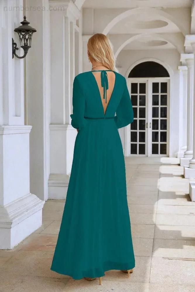 Ladies V Neck Chiffon Long Sleeve Front Slit Bridesmaid Evening Dress Wedding Party Shopping Evening Dress 28109 (ZD16991)