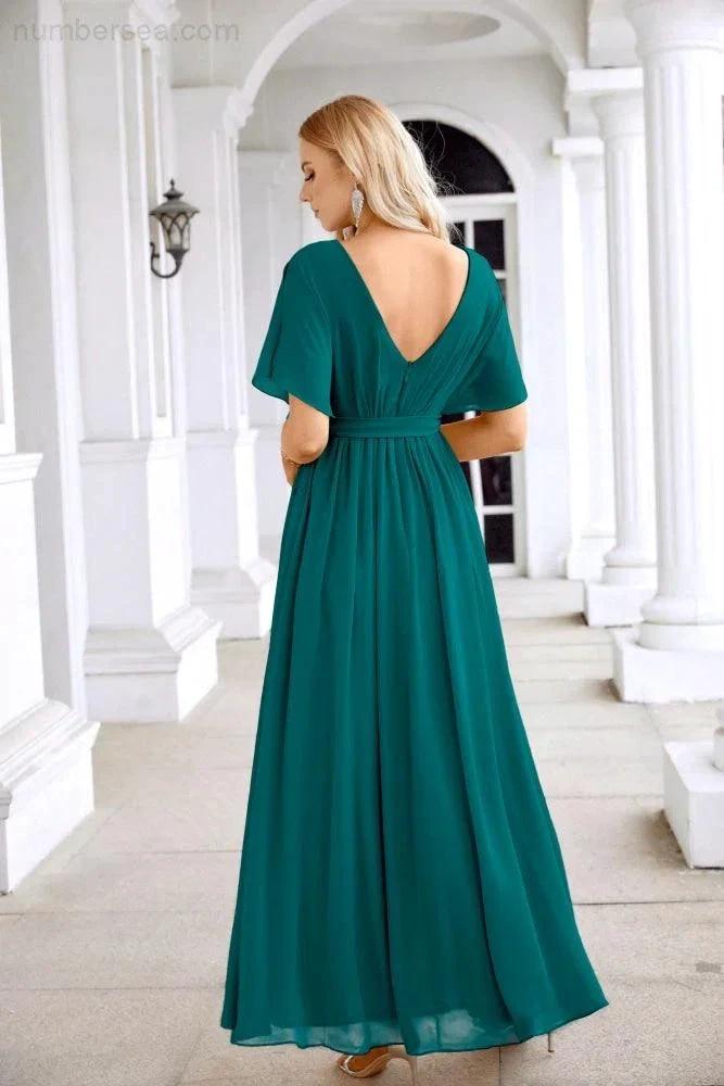 Ladies Chiffon Sleeve Crew Neck Front Slit Floor Length Bridesmaid Evening Dress Wedding Party Evening Dress 28124 (ZD17007)