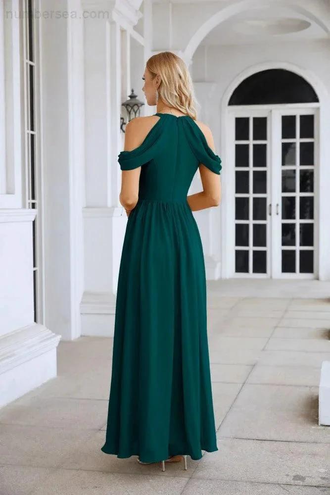 Ladies Chiffon Off Shoulder Swing Sleeve Front Slit Bridesmaid Evening Dress Wedding Party Evening Dress 28117 (ZD17011)