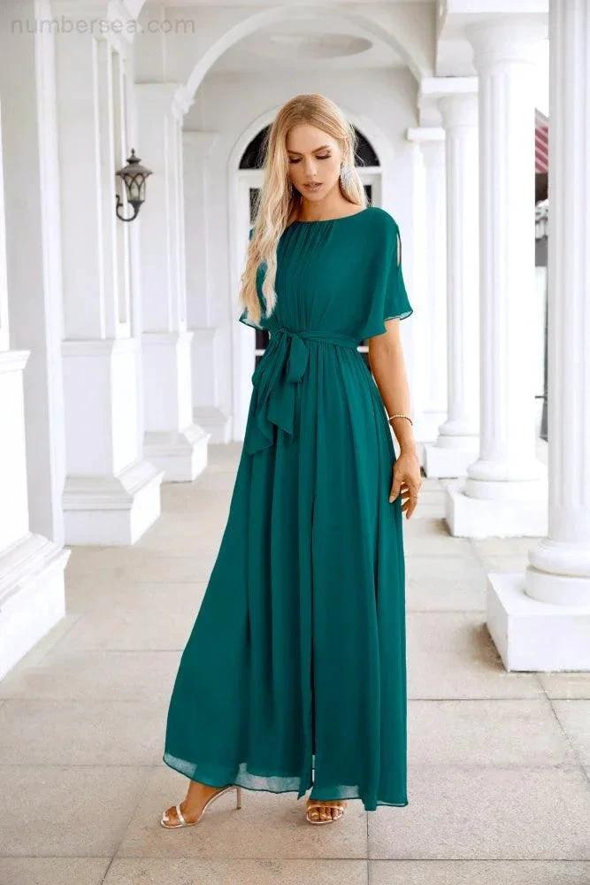 Ladies Chiffon Sleeve Crew Neck Front Slit Floor Length Bridesmaid Evening Dress Wedding Party Evening Dress 28124 (ZD17007)