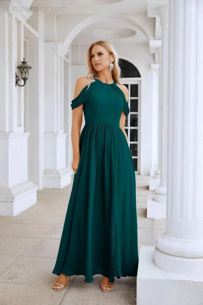 Ladies Chiffon Off Shoulder Swing Sleeve Front Slit Bridesmaid Evening Dress Wedding Party Evening Dress 28117 (ZD17011)