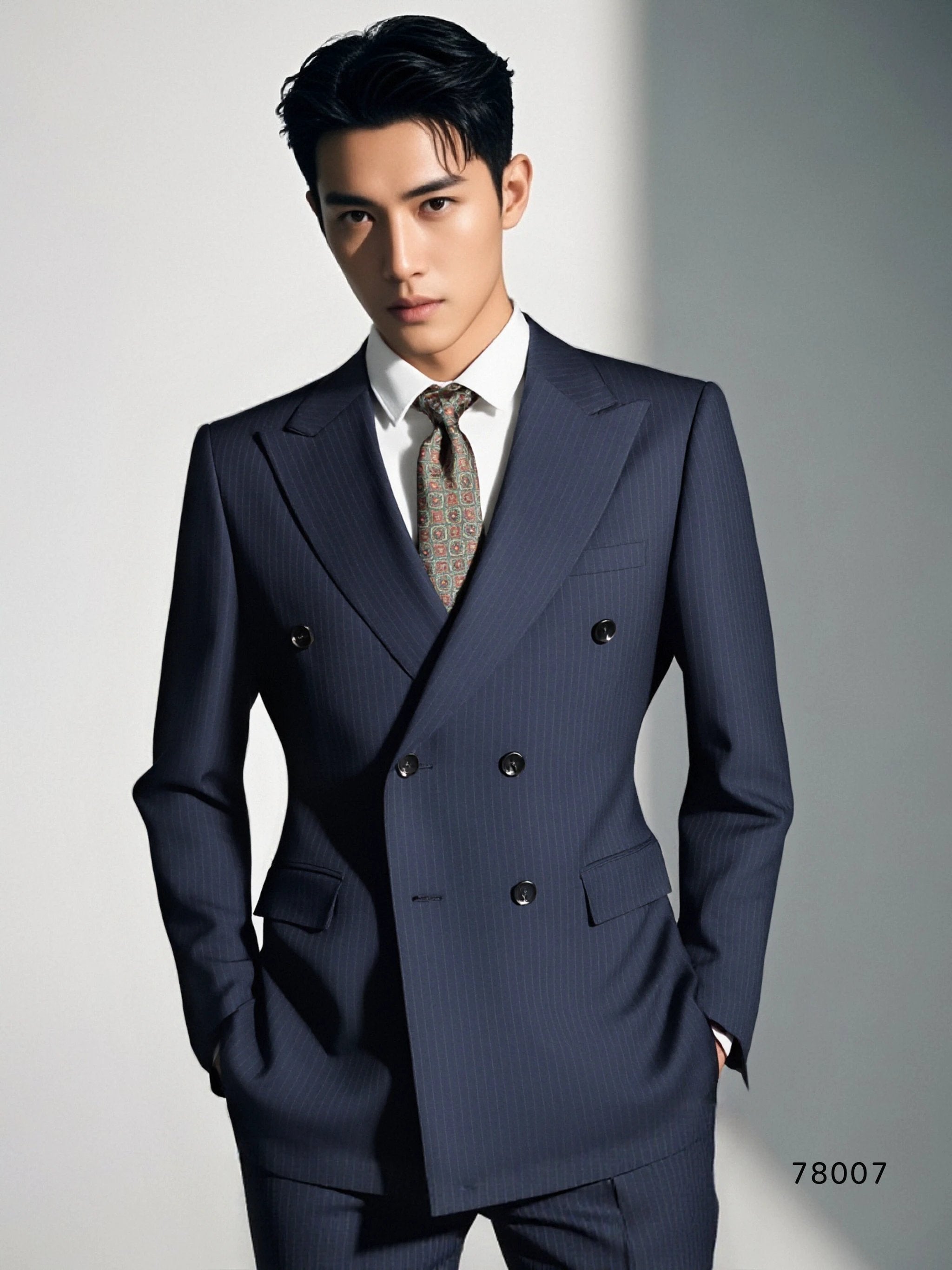 Double-Breasted Pinstripe Navy Wool Formal Suit for Groom and Business (ZD17100)