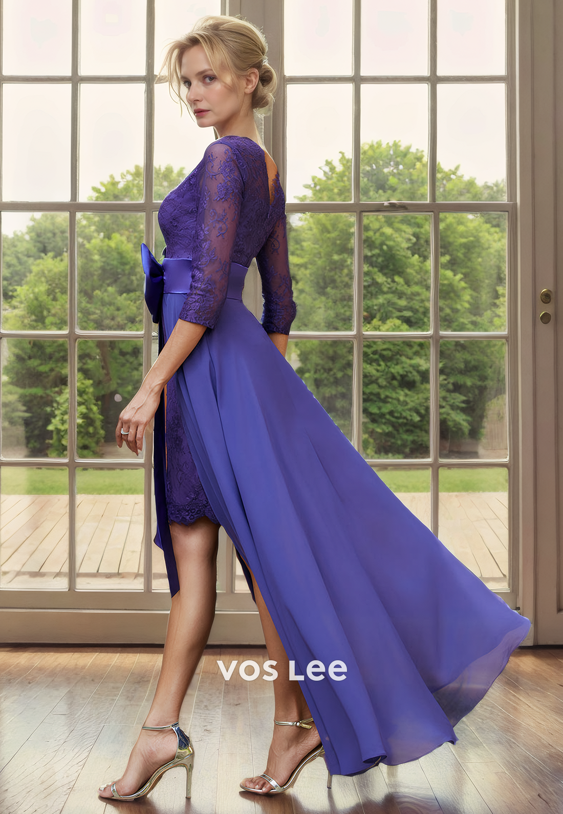 Short Sheath/Column V-Neck 3/4 Sleeves Detachable Lace Mother of the Bride Skirt/Cocktail Skirt with Aplliques