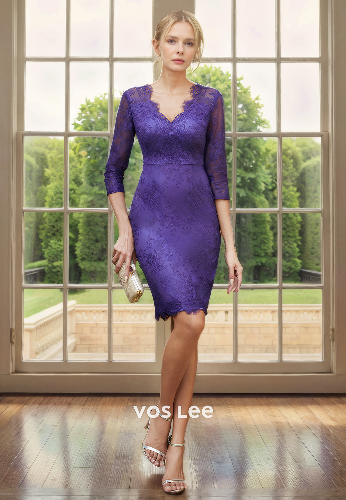 Short Sheath/Column V-Neck 3/4 Sleeves Detachable Lace Mother of the Bride Skirt/Cocktail Skirt with Aplliques