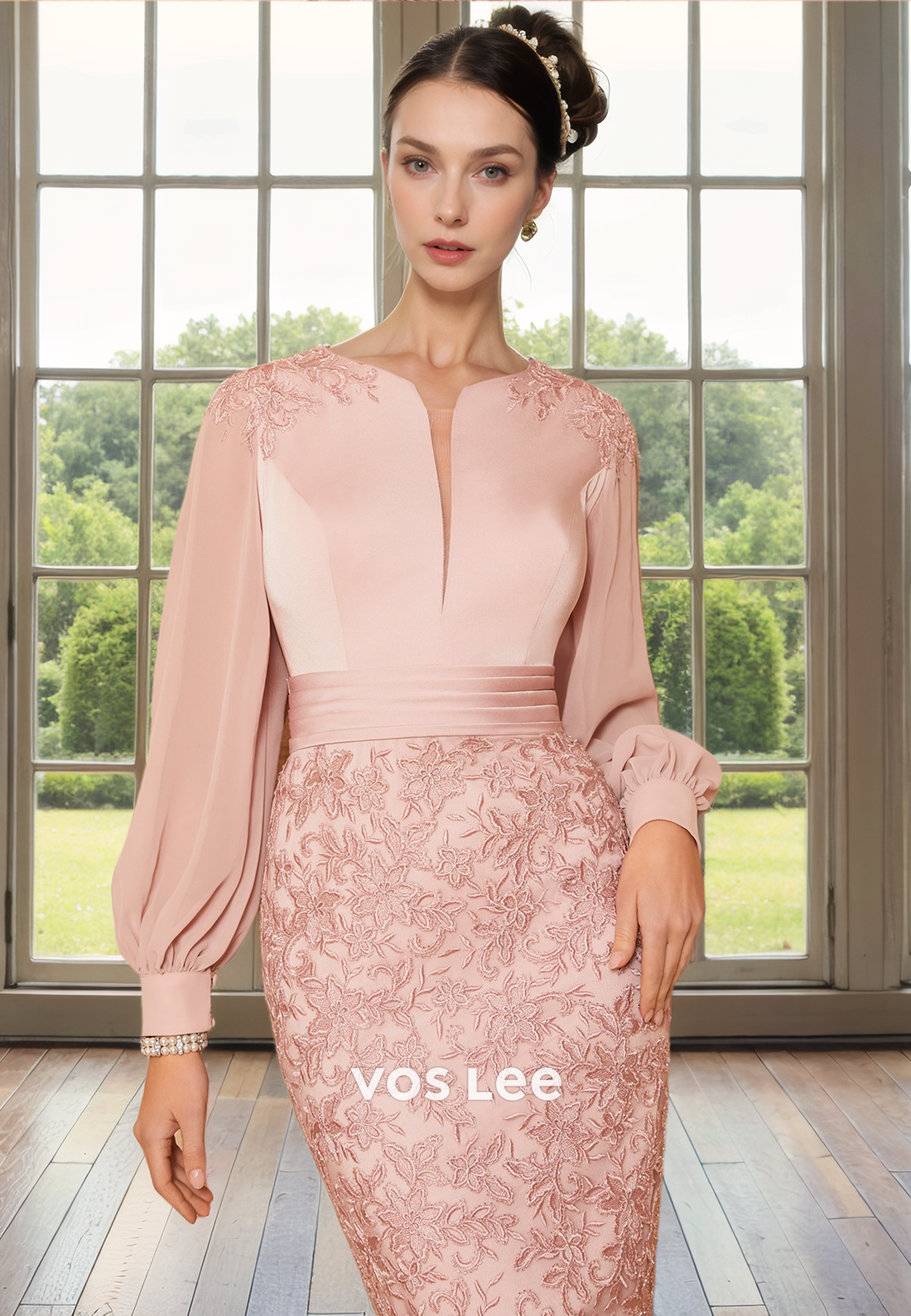 Vintage Column V Neck Long Sleeves Lace Appliques Satin Mother of the Bride Wedding Guest Dress