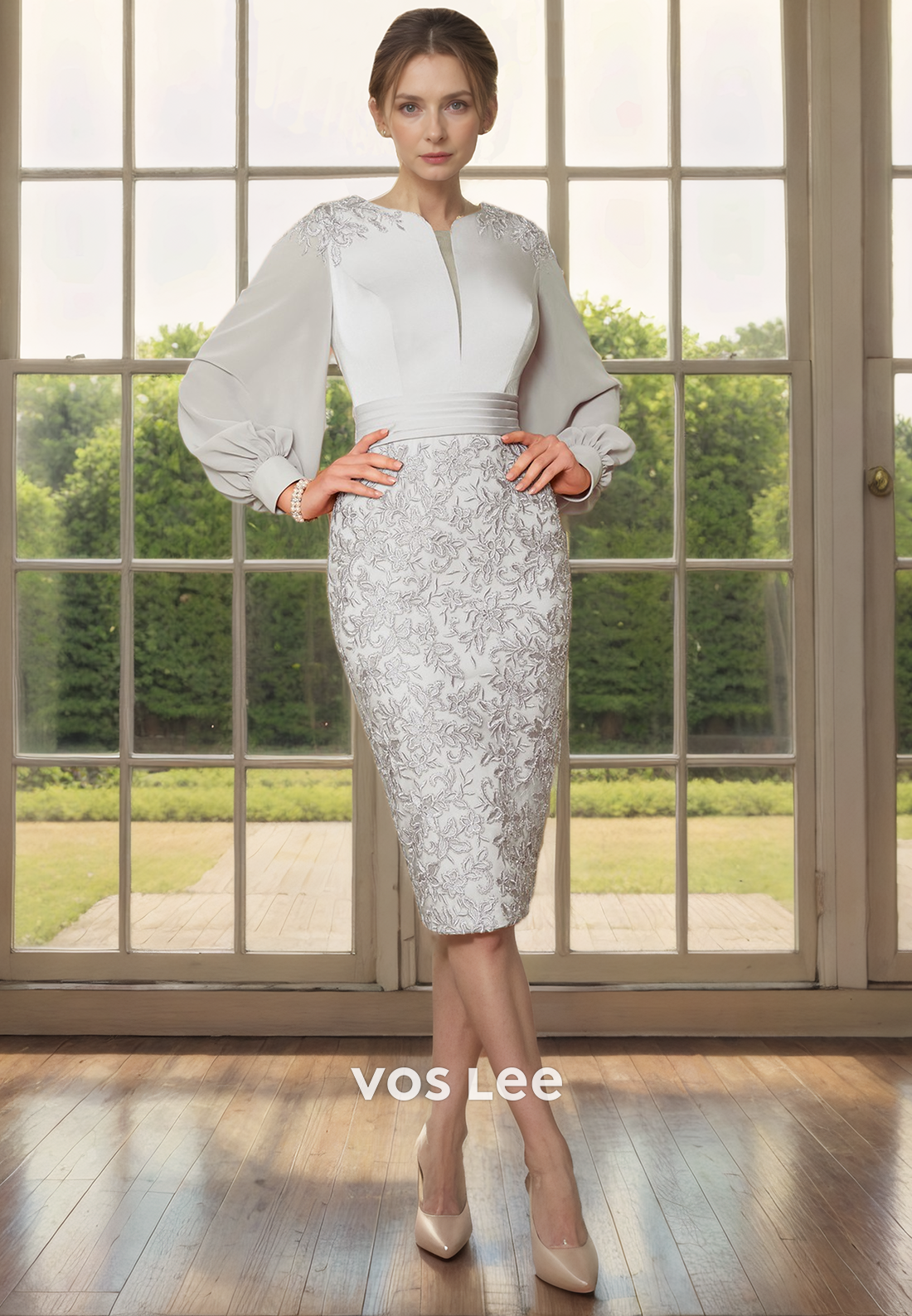 Vintage Column V Neck Long Sleeves Lace Appliques Satin Mother of the Bride Wedding Guest Dress