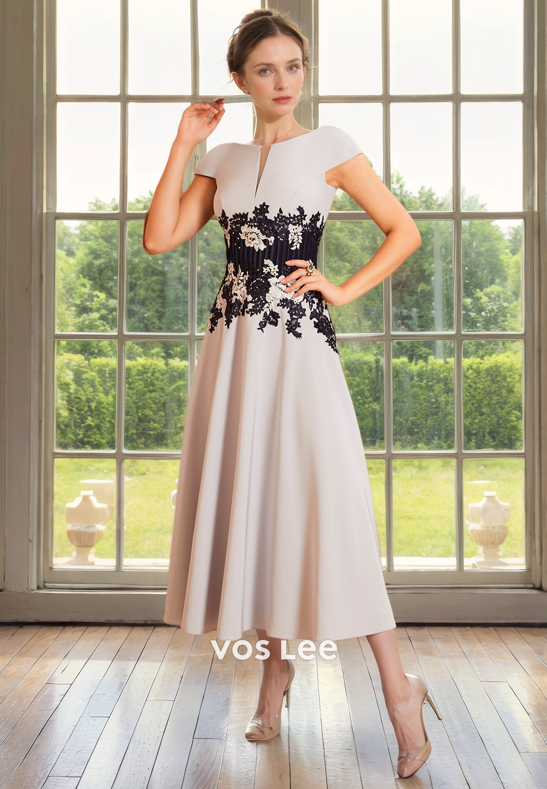 A-Line Bateau Cap Sleeves Lace Appliques Tea Length Pleated Mother of the Evening Dress