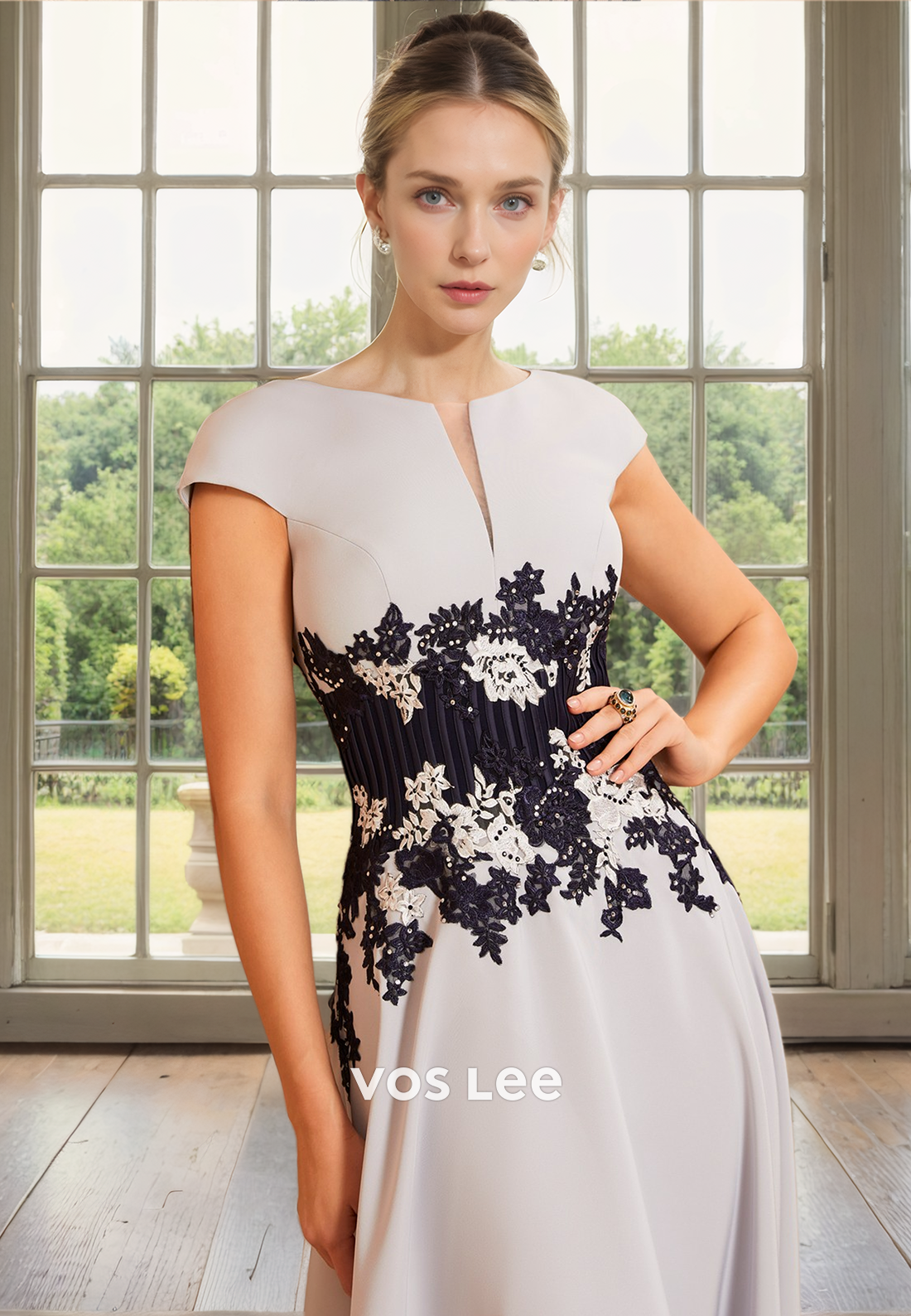 A-Line Bateau Cap Sleeves Lace Appliques Tea Length Pleated Mother of the Evening Dress