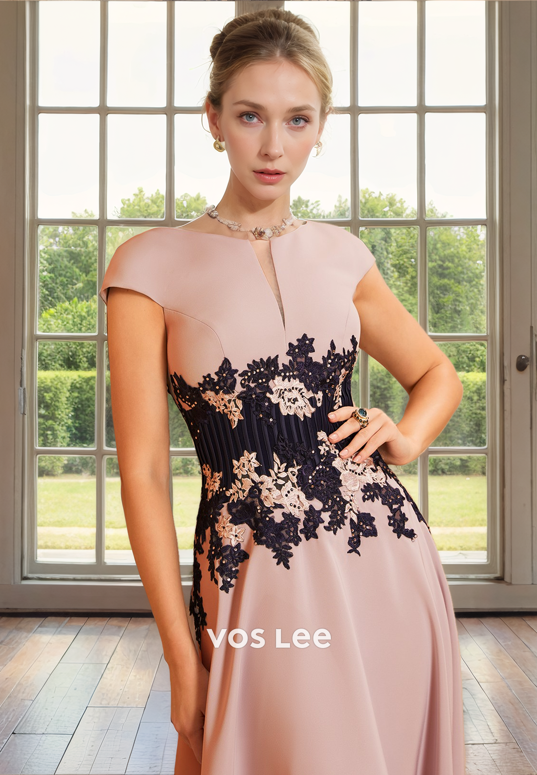A-Line Bateau Cap Sleeves Lace Appliques Tea Length Pleated Mother of the Evening Dress
