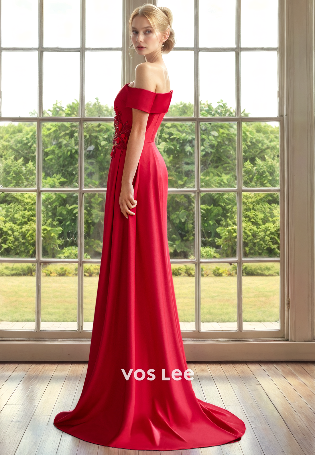Elegant Red Off-Shoulder Satin Appliqued Mother of the Bride Dress Floor Length