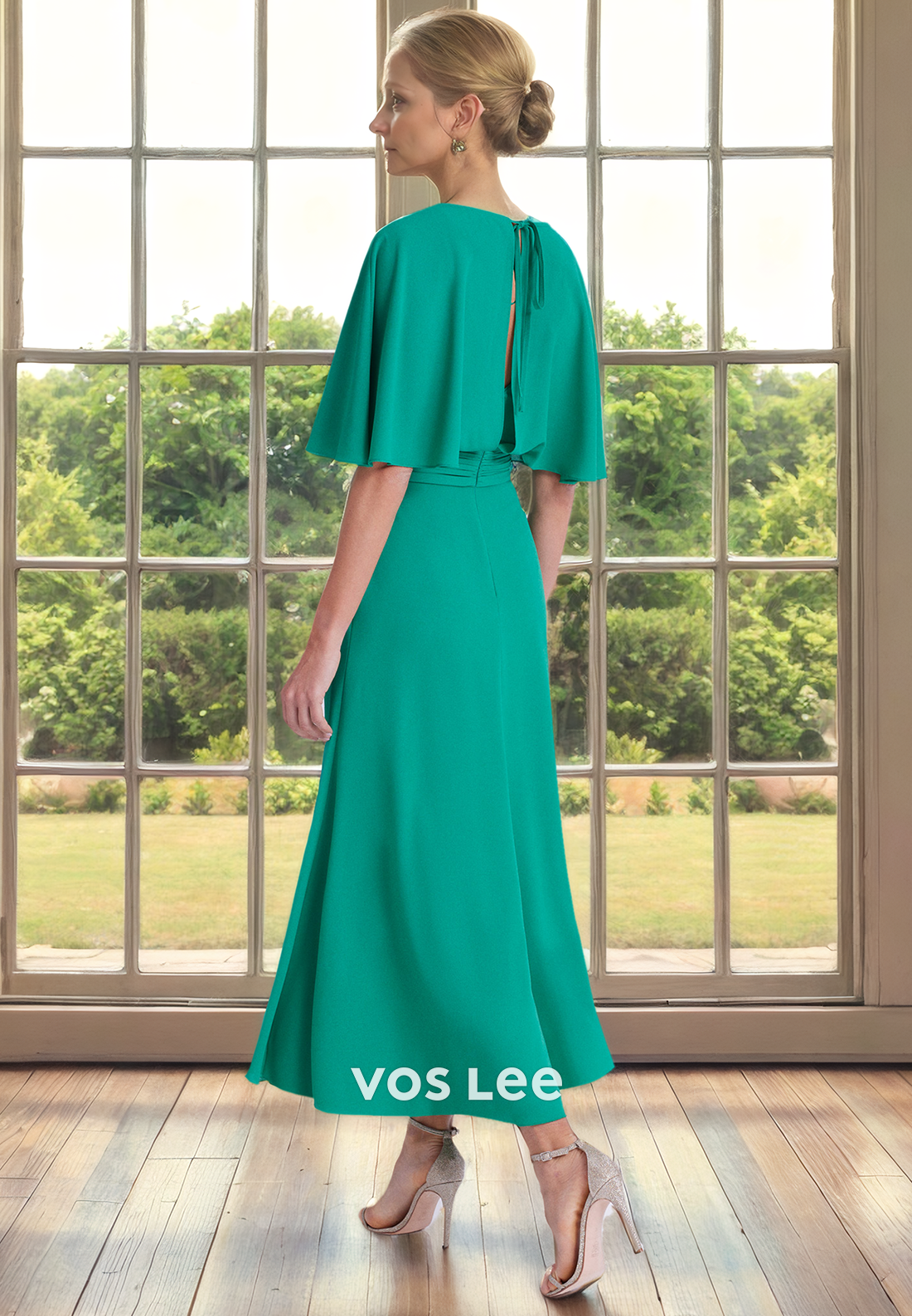 Modest A-Line V Neck Half Sleeves Tea Length Pleated Mother of the Bride Dress