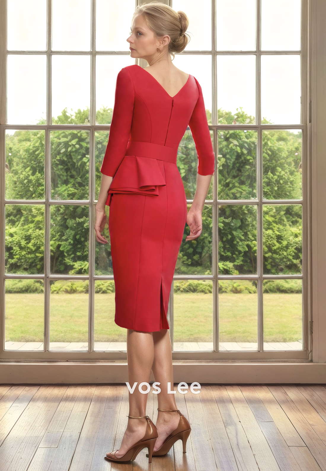 Short Sheath/Column V-Neck 3/4 Sleeves Knee-LengthSatin Mother of the Bride Dress/Cocktail Dress