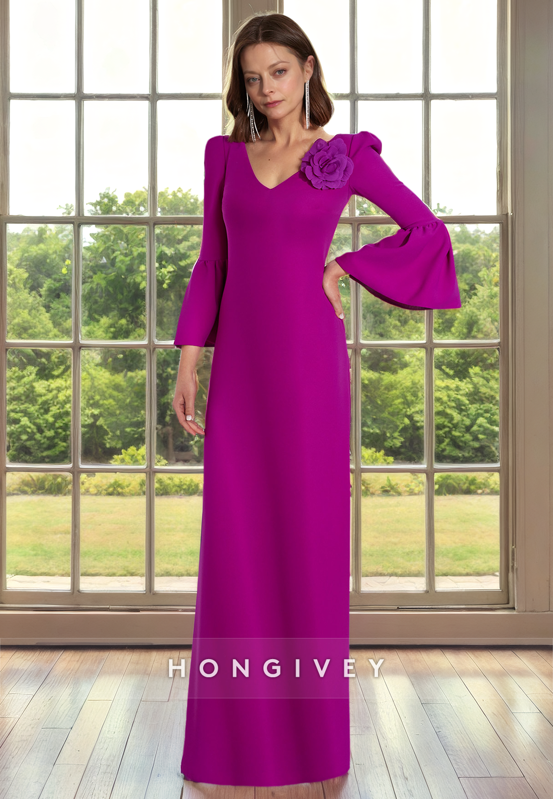 HM313 - Elegant & Luxurious V-Neck Long Sleeve Floral Embossed Formal Cocktail Dress