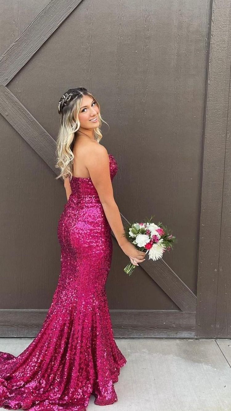 Strapless Fuchsia Sequins Long Prom Dress,Elegant Mermaid Evening Dress Y1876 - View 2 | VelvetHem