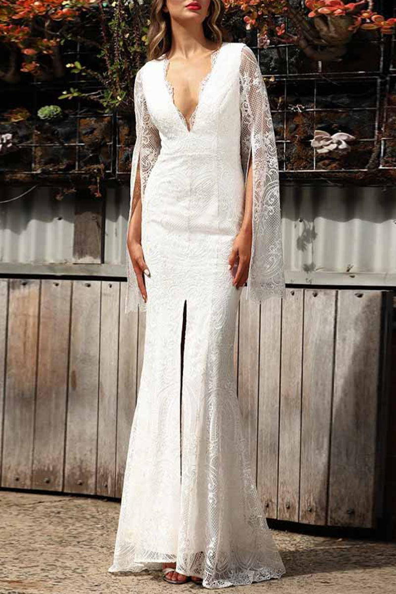 Sexy Formal Solid Lace Zipper V Neck Evening Dress Dresses - VelvetHem