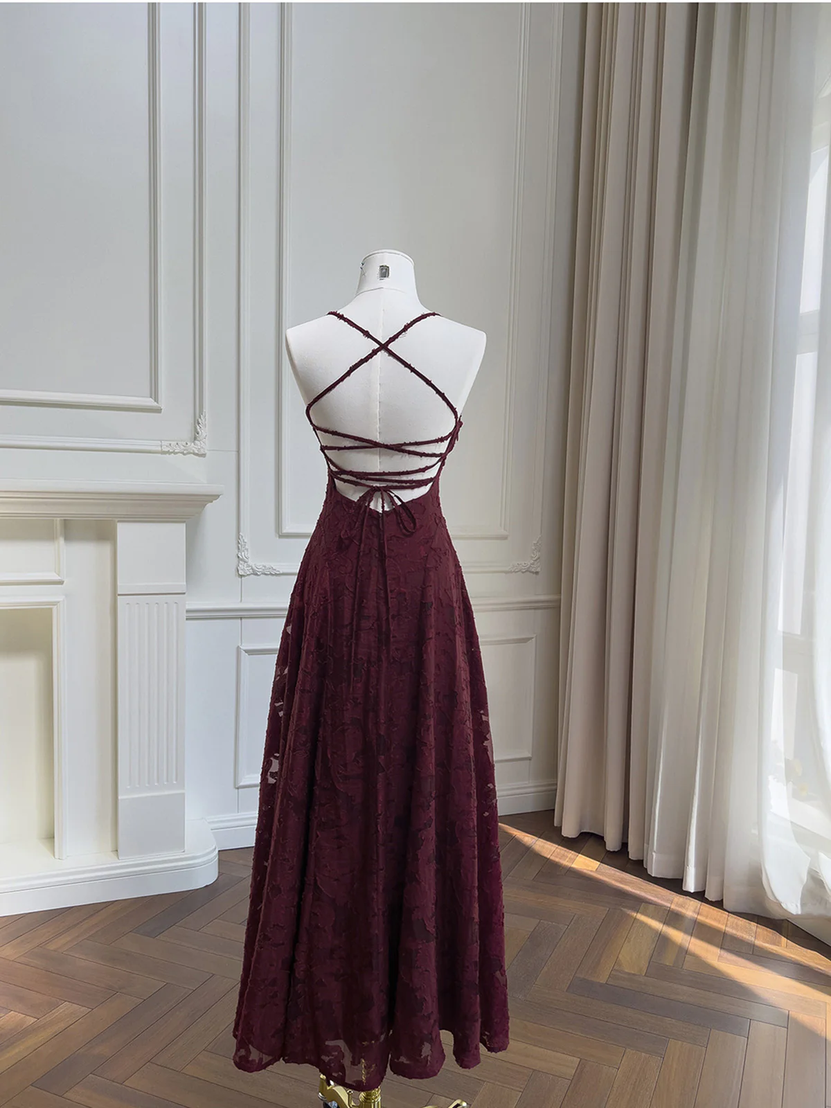 Wine Red Lace Cross Back Party Dress Prom Dress, Wine Red A-line Evening Dress - View 4 | FashionDia
