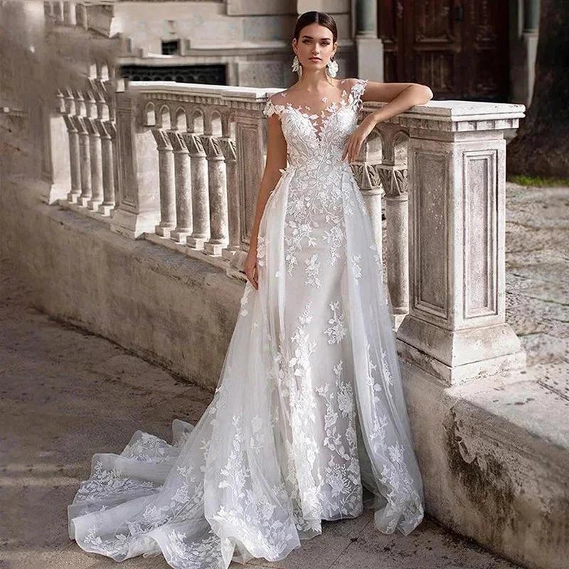 Mermaid Wedding Dresses Women Cap Sleeves Backless Lace Appliques Bridal Gown Detachable Train Vestidos De Novia by payinti