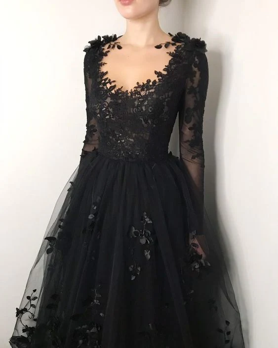Black Lace Wedding Dress Long Sleeves Bridal Gown J8748