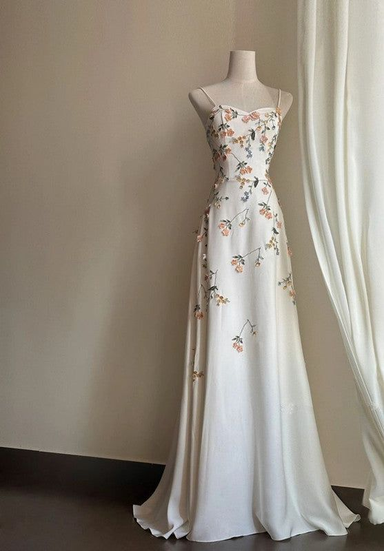 Spaghetti Straps White Satin Long Prom Dress,Elegant Evening Dress Wedding Dress With Appliques - FashionDia