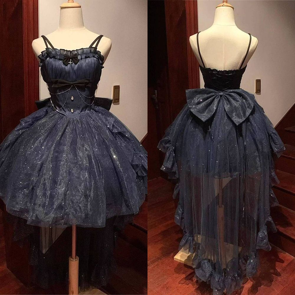 Cute Spaghetti Straps Navy Blue Tulle Sequin Birthday Outfits Short 8th Grade Homecoming Dress