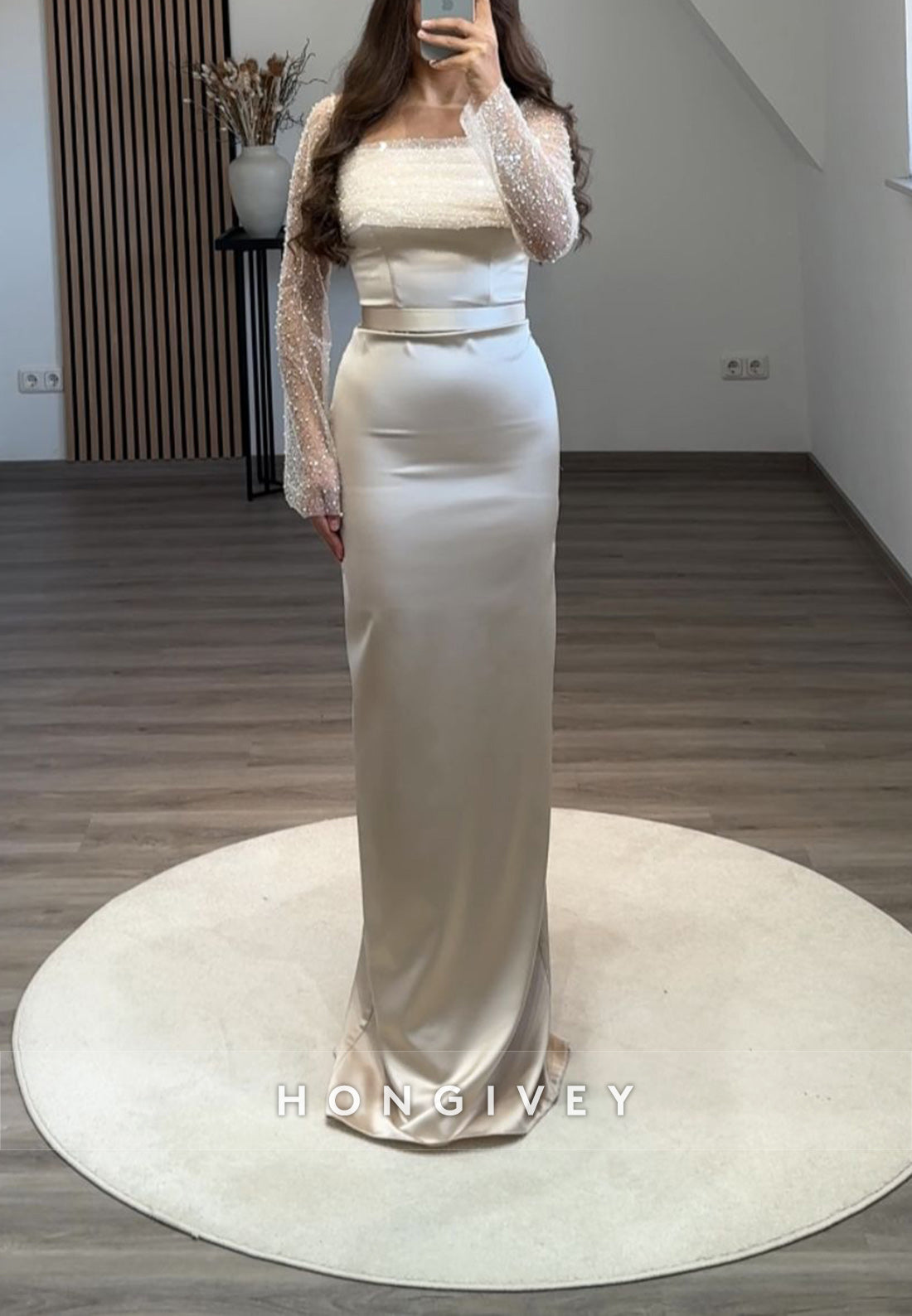 Formal Long Sleeve Sheath Floor-Length Square Appliqued Pleated Evening Gown