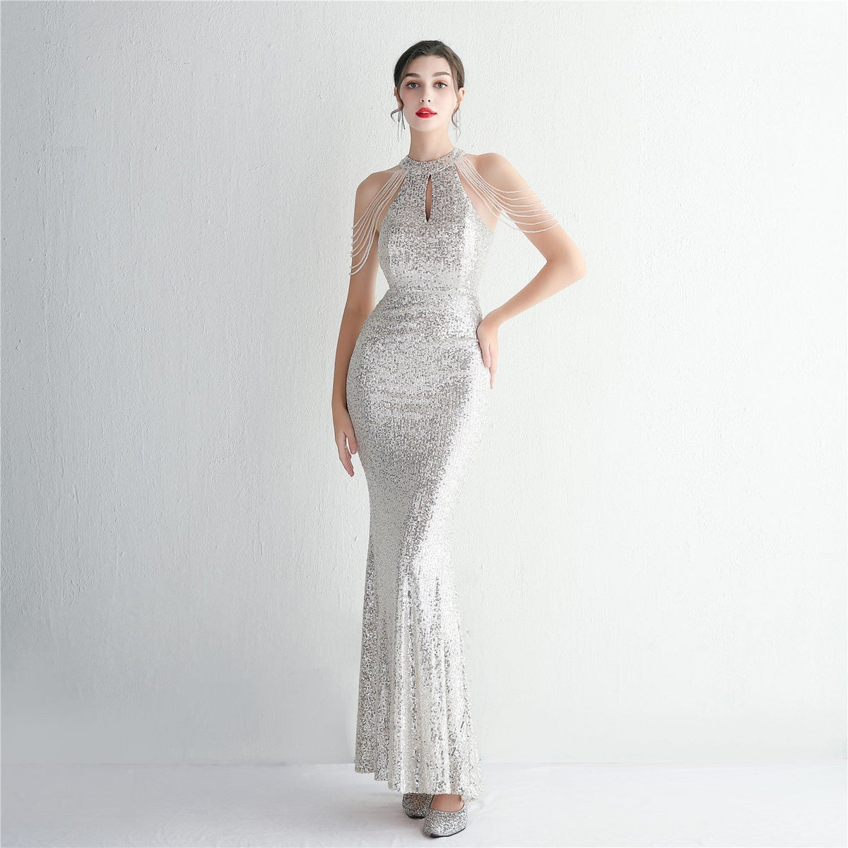 Sequined Craft Beading Cocktail Evening Dress Elegant Long Halter Slim Fit Fishtail - View 3 | VelvetHem