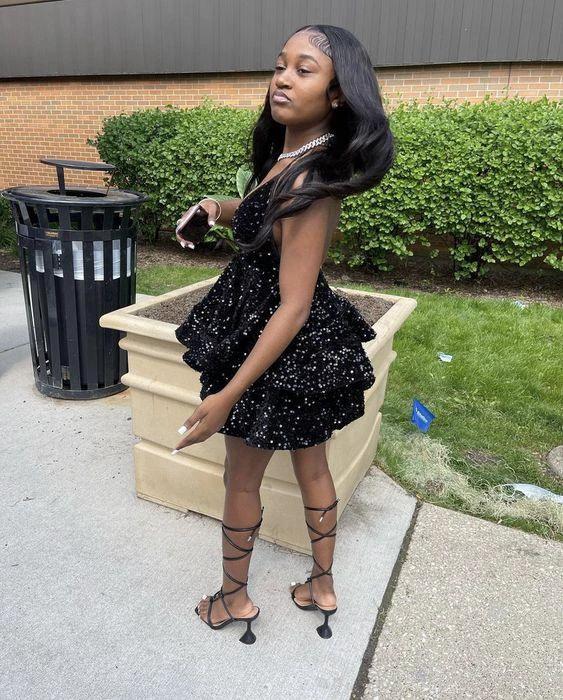Sexy Black Sparkling Short Cocktail Dresses Back Open Tiered Sequin Graduation Gown Parties Night,Black Homecoming Dress (ZD12410)