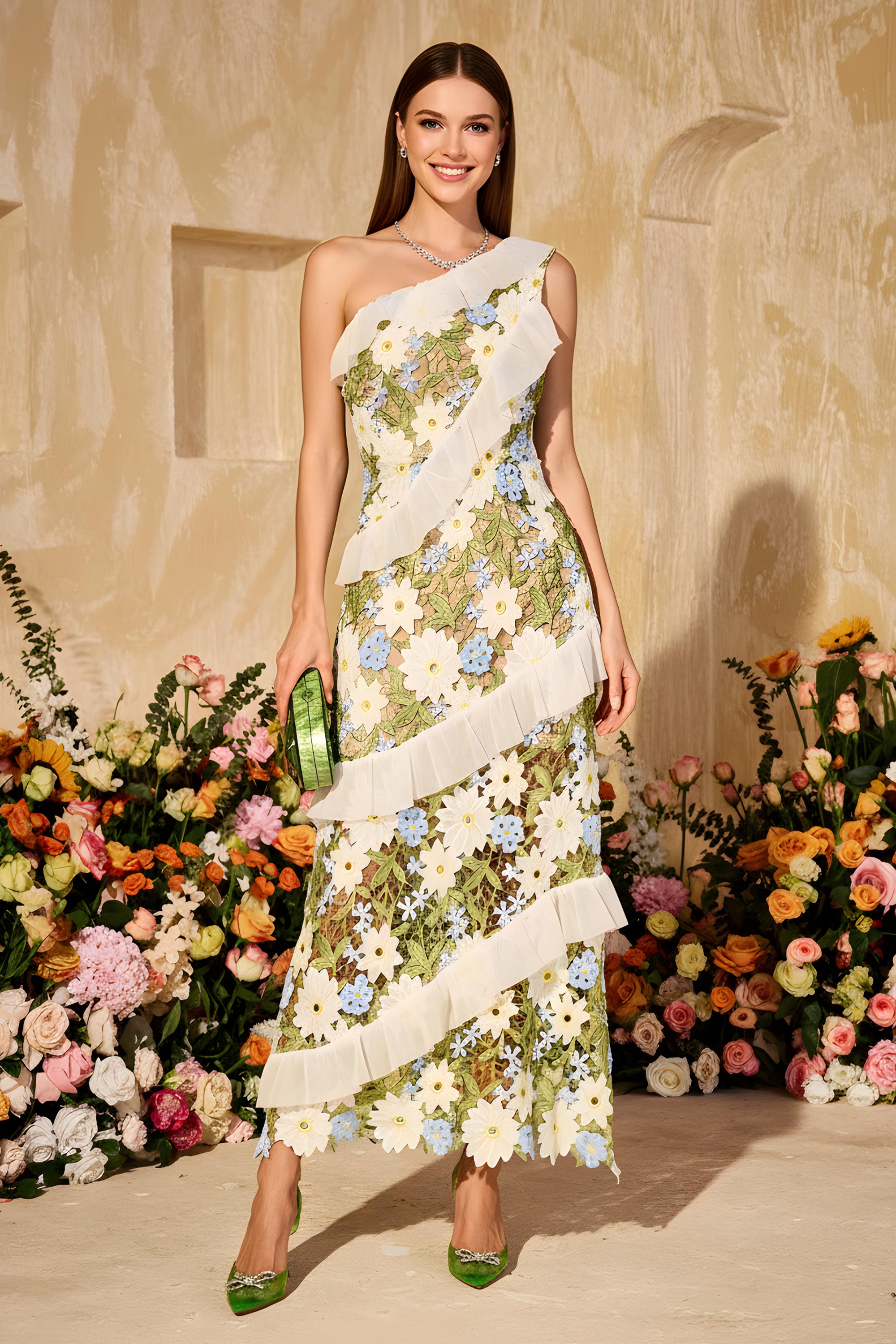 Romantic One-Shoulder Floral Embroidered Ruffle Maxi Dress