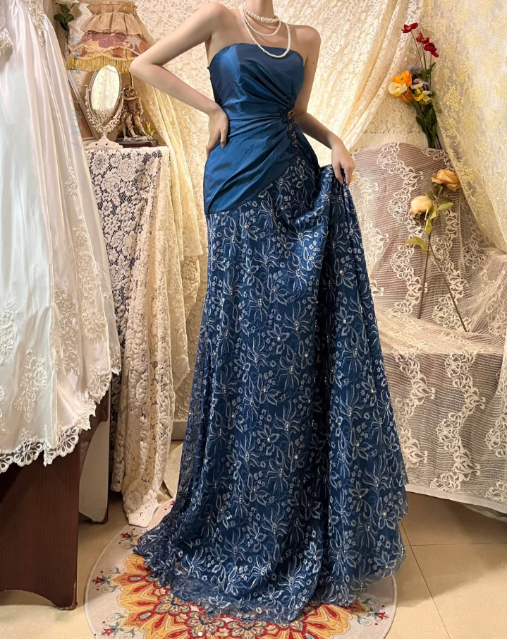 Vintage Navy Blue Strapless Satin Lace Beaded Mermaid Long Evening Dress Birthday Party Gown